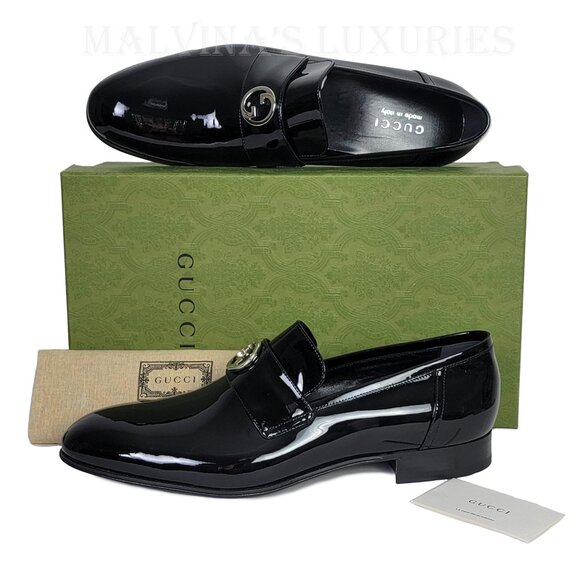 GUCCI SHOES MENS LOAFERS INTERLOCKING G LOGO BLACK LEATHER sz 12.5 US 13 - Picture 3 of 16
